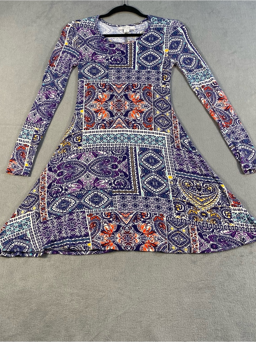 Adam Levine women’s Purple Patchwork Print Long Sleeve A-Line stretchy Dress, S